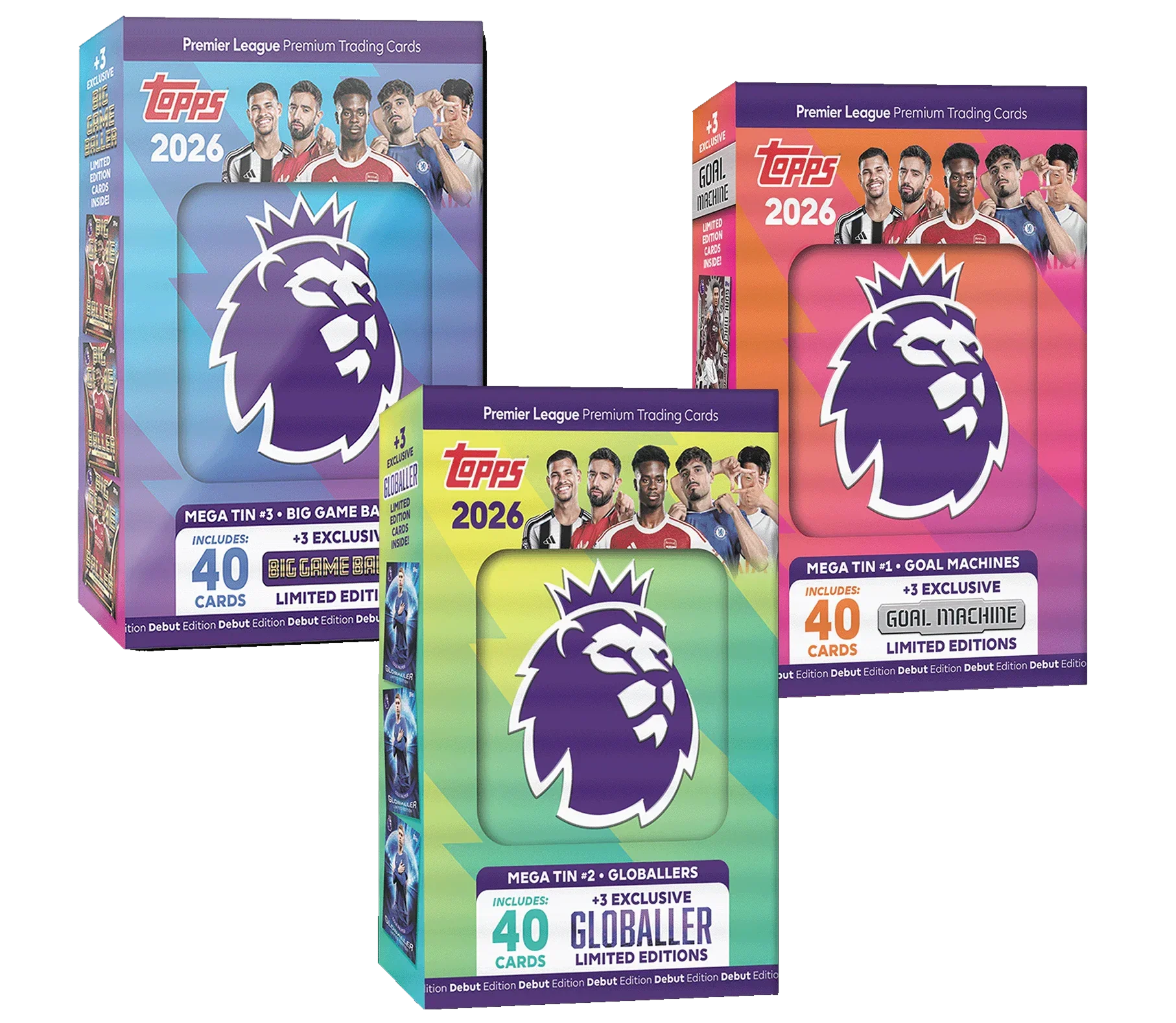 Topps Premier League 2026 - Debut Edition - Mega Tin (Globallers) - Contient 40 Cartes Plus 3 Globallers Le Topps Premier League 2026 - Debut Edition - Mega Tin (Globallers) - Contient 40 Cartes Plus 3 Globallers Le