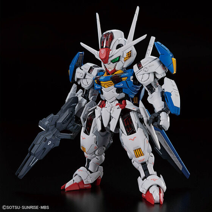 Bandai MGSD Gundam Aerial assembled display model in Bit-on Form, front three-quarter view with beam rifle.