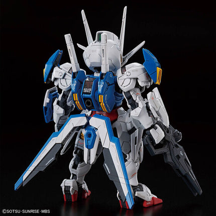 Bandai MGSD Gundam Aerial assembled display model in Bit-on Form, rear three-quarter view.
