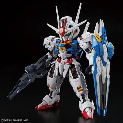 Bandai MGSD Gundam Aerial assembled display model with beam rifle and shield, front three-quarter view.