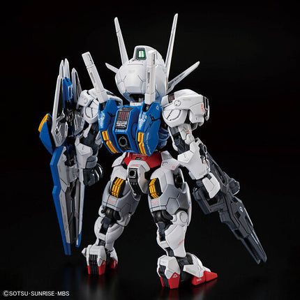 Bandai MGSD Gundam Aerial assembled display model with shield, rear three-quarter view.