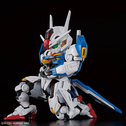 Bandai MGSD Gundam Aerial assembled display model in a kneeling pose.