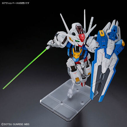Bandai MGSD Gundam Aerial assembled display model with beam saber and shield on a separately sold Action Base; display base is not included.