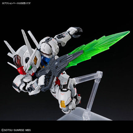 Bandai MGSD Gundam Aerial assembled display model in a beam-rifle action pose on a separately sold Action Base; display base is not included.