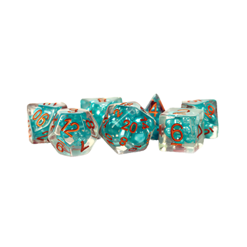 Fanroll - 16mm Resin Polyhedral Dice Set - Pearl: Teal with Copper Numbers