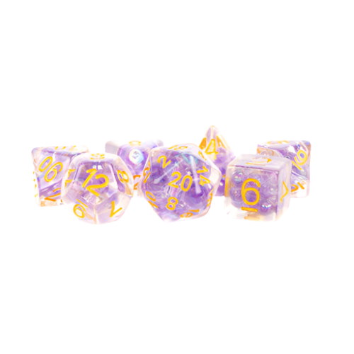 Fanroll - 16mm Resin Polyhedral Dice Set - Pearl: Purple with Gold Numbers