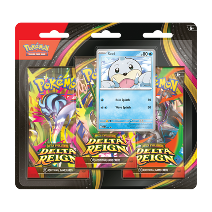 Pokemon Mega Evolution Delta Reign English three-pack blister showing Seel promo artwork